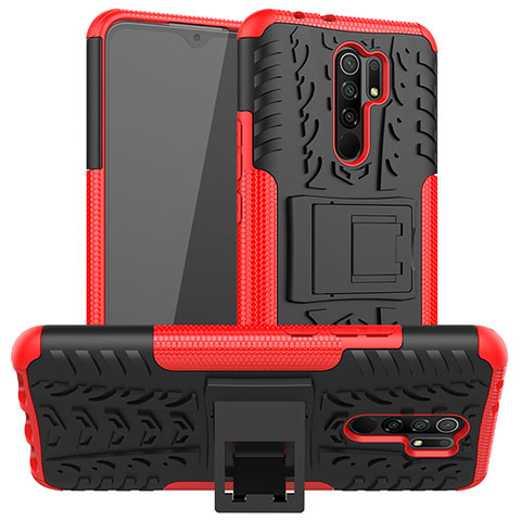 Funda Bumper Silicona y Plastico Mate Carcasa con Soporte para Xiaomi Redmi 9 Rojo