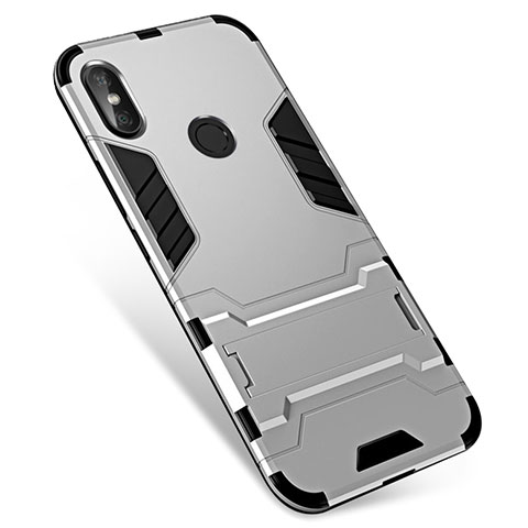 Funda Bumper Silicona y Plastico Mate Carcasa con Soporte para Xiaomi Redmi Note 5 AI Dual Camera Plata