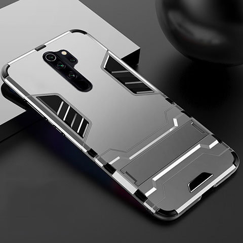 Funda Bumper Silicona y Plastico Mate Carcasa con Soporte para Xiaomi Redmi Note 8 Pro Plata