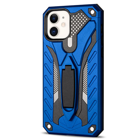 Funda Bumper Silicona y Plastico Mate Carcasa con Soporte R01 para Apple iPhone 12 Mini Azul