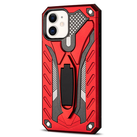 Funda Bumper Silicona y Plastico Mate Carcasa con Soporte R01 para Apple iPhone 12 Rojo