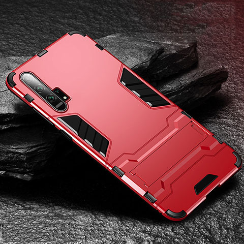 Funda Bumper Silicona y Plastico Mate Carcasa con Soporte R01 para Huawei Honor 20 Pro Rojo
