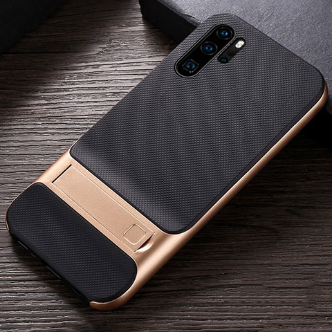 Funda Bumper Silicona y Plastico Mate Carcasa con Soporte R01 para Huawei P30 Pro Oro