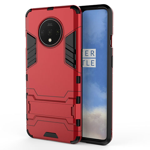 Funda Bumper Silicona y Plastico Mate Carcasa con Soporte R01 para OnePlus 7T Rojo