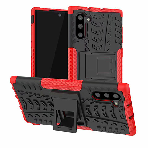 Funda Bumper Silicona y Plastico Mate Carcasa con Soporte R01 para Samsung Galaxy Note 10 5G Rojo