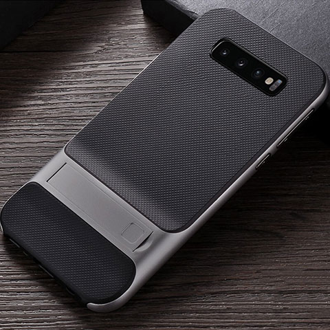 Funda Bumper Silicona y Plastico Mate Carcasa con Soporte R01 para Samsung Galaxy S10 5G Plata