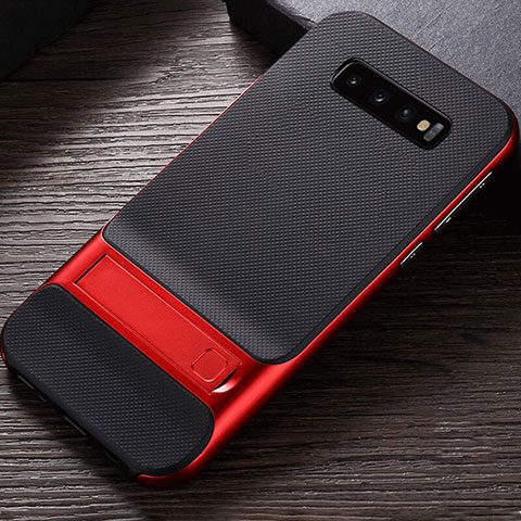 Funda Bumper Silicona y Plastico Mate Carcasa con Soporte R01 para Samsung Galaxy S10 Plus Rojo