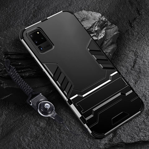 Funda Bumper Silicona y Plastico Mate Carcasa con Soporte R01 para Samsung Galaxy S20 Ultra 5G Negro