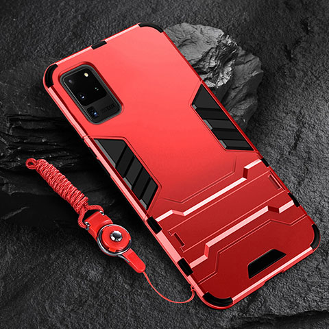 Funda Bumper Silicona y Plastico Mate Carcasa con Soporte R01 para Samsung Galaxy S20 Ultra 5G Rojo