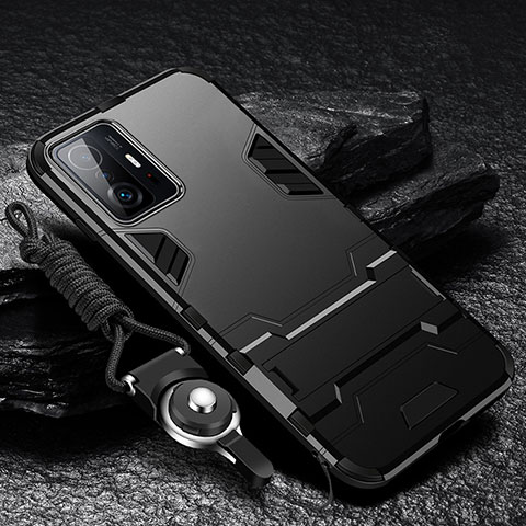 Funda Bumper Silicona y Plastico Mate Carcasa con Soporte R01 para Xiaomi Mi 11T Pro 5G Negro