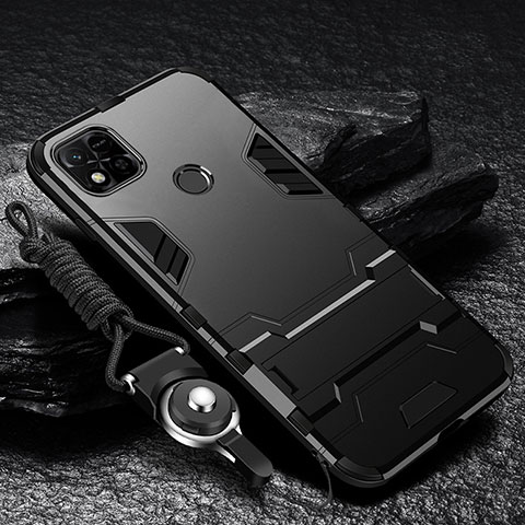 Funda Bumper Silicona y Plastico Mate Carcasa con Soporte R01 para Xiaomi Redmi 9 India Negro