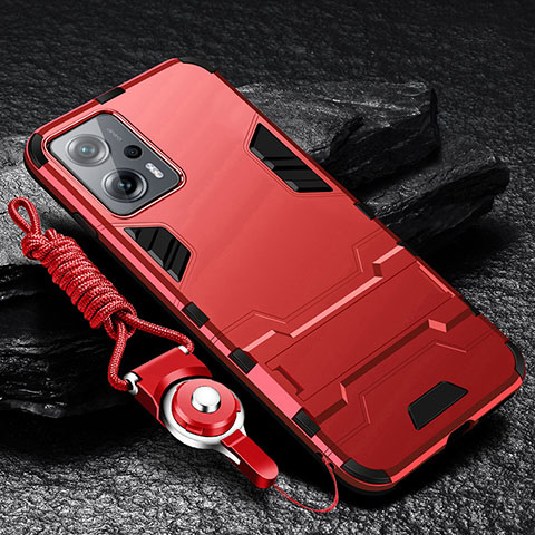 Funda Bumper Silicona y Plastico Mate Carcasa con Soporte R01 para Xiaomi Redmi Note 11T Pro+ Plus 5G Rojo