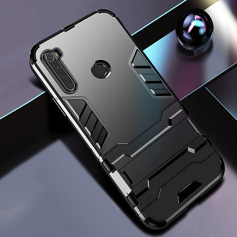 Funda Bumper Silicona y Plastico Mate Carcasa con Soporte R01 para Xiaomi Redmi Note 8 (2021) Negro