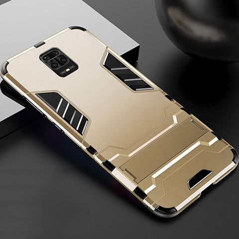 Funda Bumper Silicona y Plastico Mate Carcasa con Soporte R01 para Xiaomi Redmi Note 9 Pro Oro