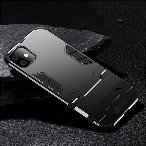 Funda Bumper Silicona y Plastico Mate Carcasa con Soporte R02 para Apple iPhone 11 Negro