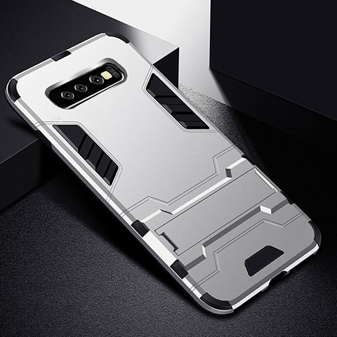 Funda Bumper Silicona y Plastico Mate Carcasa con Soporte R02 para Samsung Galaxy S10 5G Plata