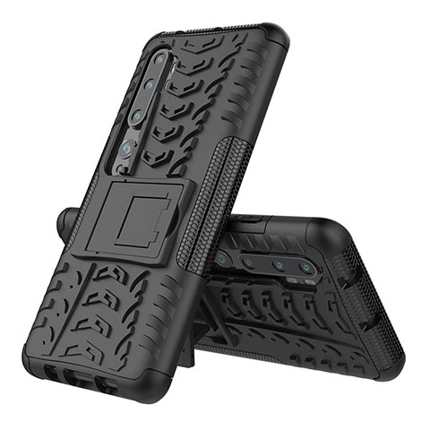 Funda Bumper Silicona y Plastico Mate Carcasa con Soporte R02 para Xiaomi Mi Note 10 Pro Negro