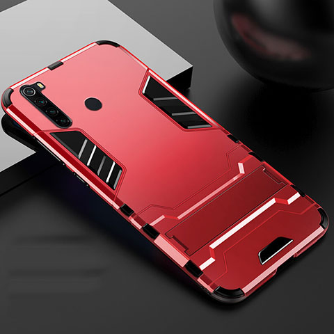 Funda Bumper Silicona y Plastico Mate Carcasa con Soporte R02 para Xiaomi Redmi Note 8 (2021) Rojo