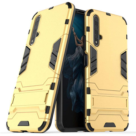 Funda Bumper Silicona y Plastico Mate Carcasa con Soporte R03 para Huawei Honor 20 Oro