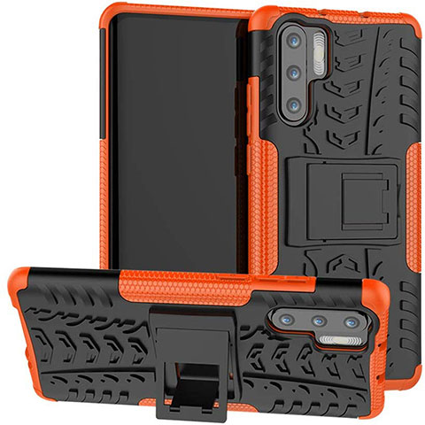 Funda Bumper Silicona y Plastico Mate Carcasa con Soporte R03 para Huawei P30 Pro Naranja
