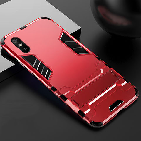 Funda Bumper Silicona y Plastico Mate Carcasa con Soporte R03 para Xiaomi Redmi 9AT Rojo