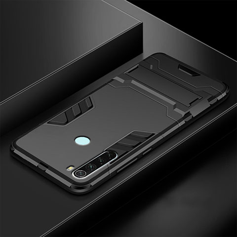 Funda Bumper Silicona y Plastico Mate Carcasa con Soporte R03 para Xiaomi Redmi Note 8 (2021) Negro