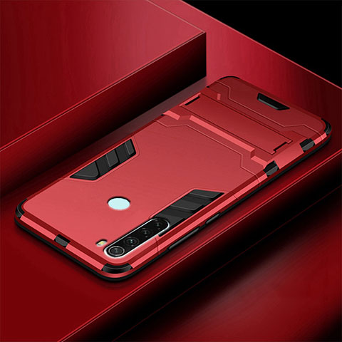 Funda Bumper Silicona y Plastico Mate Carcasa con Soporte R03 para Xiaomi Redmi Note 8 (2021) Rojo