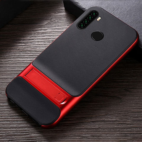 Funda Bumper Silicona y Plastico Mate Carcasa con Soporte R04 para Xiaomi Redmi Note 8 Rojo