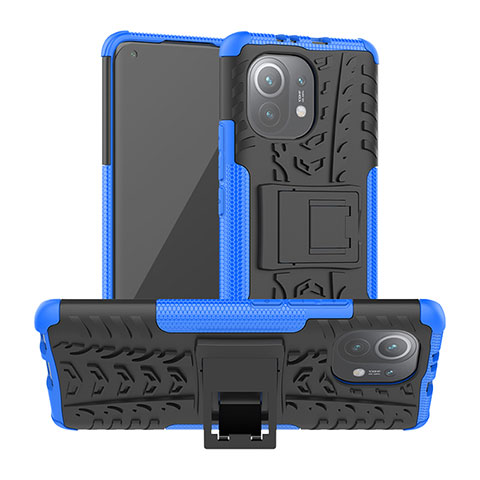 Funda Bumper Silicona y Plastico Mate Carcasa con Soporte R06 para Xiaomi Mi 11 5G Azul