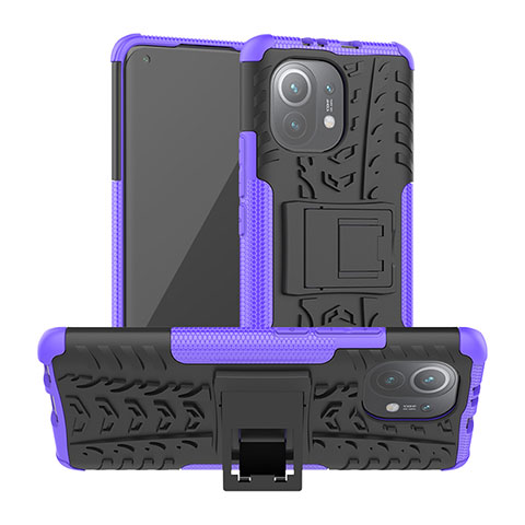 Funda Bumper Silicona y Plastico Mate Carcasa con Soporte R06 para Xiaomi Mi 11 5G Morado