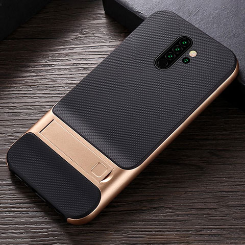 Funda Bumper Silicona y Plastico Mate Carcasa con Soporte R06 para Xiaomi Redmi Note 8 Pro Oro