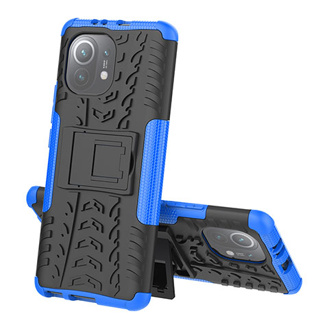 Funda Bumper Silicona y Plastico Mate Carcasa con Soporte R07 para Xiaomi Mi 11 5G Azul