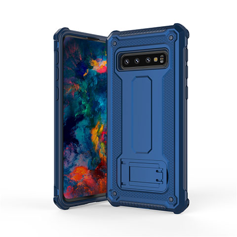 Funda Bumper Silicona y Plastico Mate Carcasa con Soporte T01 para Samsung Galaxy S10 Azul