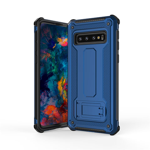 Funda Bumper Silicona y Plastico Mate Carcasa con Soporte T01 para Samsung Galaxy S10 Azul y Negro