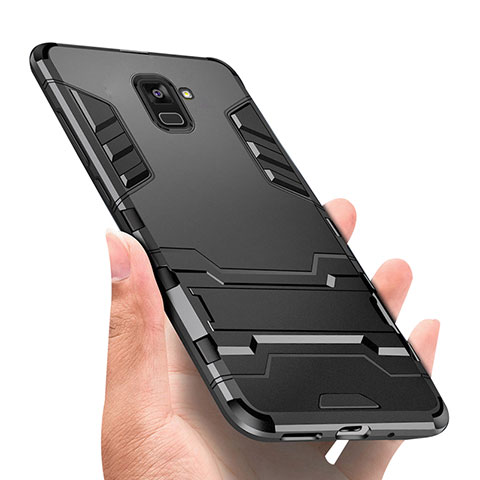 Funda Bumper Silicona y Plastico Mate con Soporte W01 para Samsung Galaxy A8+ A8 Plus (2018) Duos A730F Negro