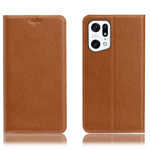 Funda de Cuero Cartera con Soporte Carcasa H02P para Oppo Find X5 Pro 5G Marron Claro