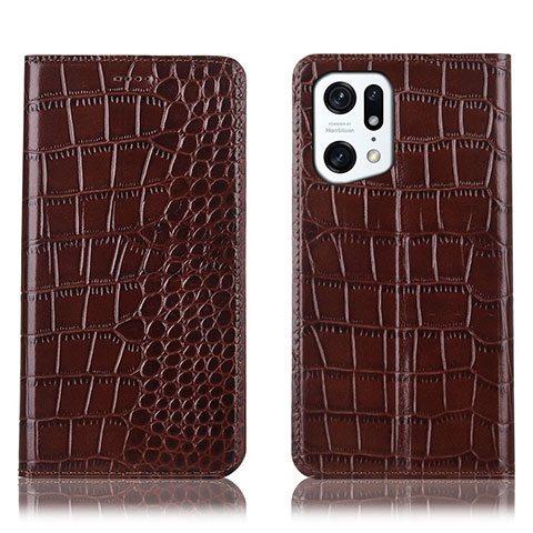 Funda de Cuero Cartera con Soporte Carcasa H08P para Oppo Find X5 Pro 5G Marron