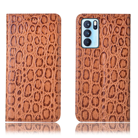 Funda de Cuero Cartera con Soporte Carcasa H16P para Oppo Reno6 Pro 5G India Marron Claro