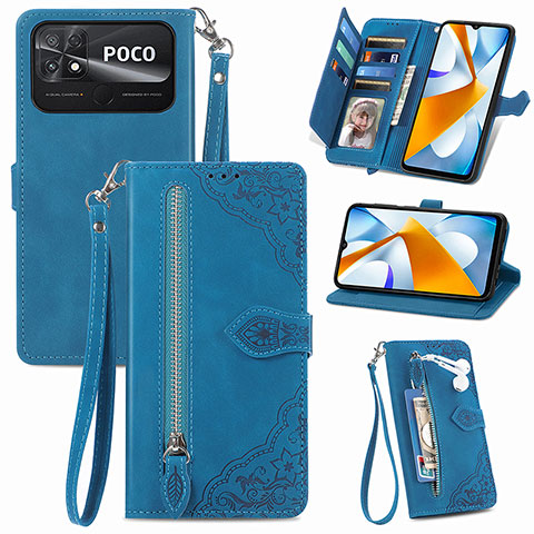 Funda de Cuero Cartera con Soporte Carcasa S06D para Xiaomi Poco C40 Azul