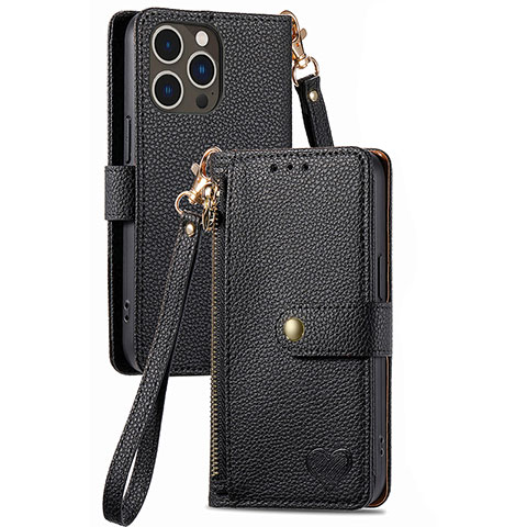 Funda de Cuero Cartera con Soporte Carcasa S07D para Apple iPhone 14 Pro Negro