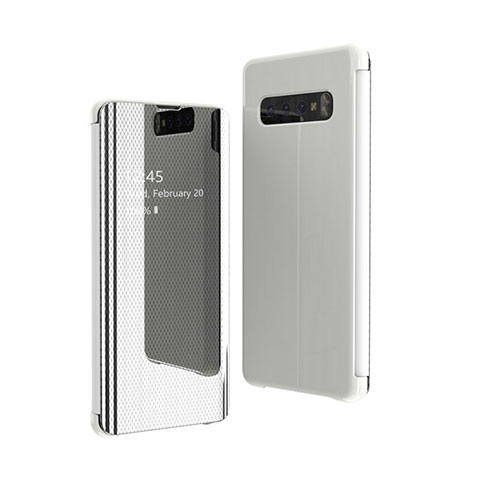 Funda de Cuero Cartera con Soporte Espejo Carcasa A01 para Samsung Galaxy S10 Plus Plata