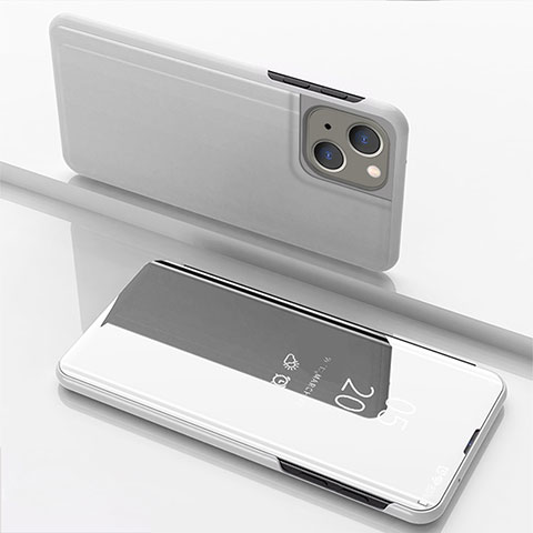 Funda de Cuero Cartera con Soporte Espejo Carcasa para Apple iPhone 14 Plata