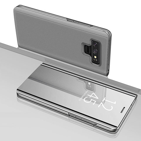 Funda de Cuero Cartera con Soporte Espejo Carcasa para Samsung Galaxy Note 9 Plata
