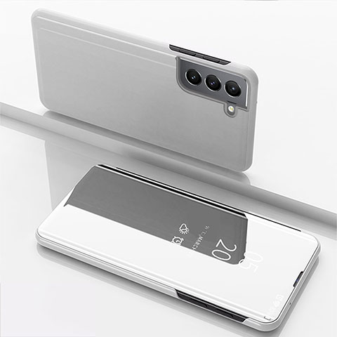 Funda de Cuero Cartera con Soporte Espejo Carcasa para Samsung Galaxy S22 Plus 5G Plata