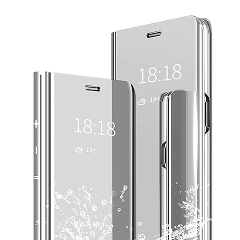Funda de Cuero Cartera con Soporte Espejo Carcasa para Xiaomi Redmi Note 7 Pro Plata