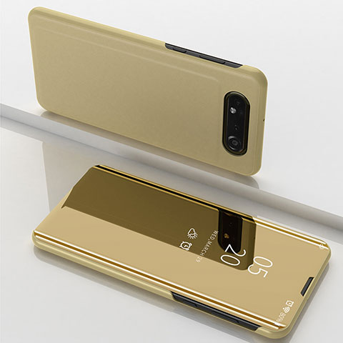 Funda de Cuero Cartera con Soporte Espejo Carcasa ZL1 para Samsung Galaxy A80 Oro