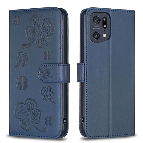 Funda de Cuero Cartera con Soporte Flores Carcasa BF1 para Oppo Find X5 Pro 5G Azul