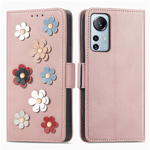 Funda de Cuero Cartera con Soporte Flores Carcasa L01 para Xiaomi Mi 12S 5G Oro Rosa