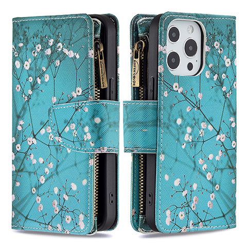 Funda de Cuero Cartera con Soporte Flores Carcasa para Apple iPhone 13 Pro Cian