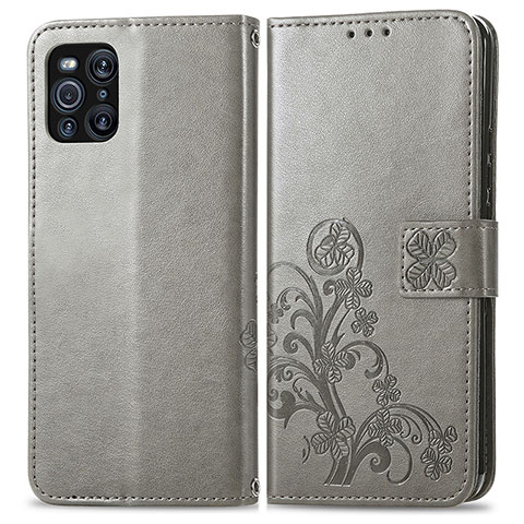 Funda de Cuero Cartera con Soporte Flores Carcasa para Oppo Find X3 5G Gris